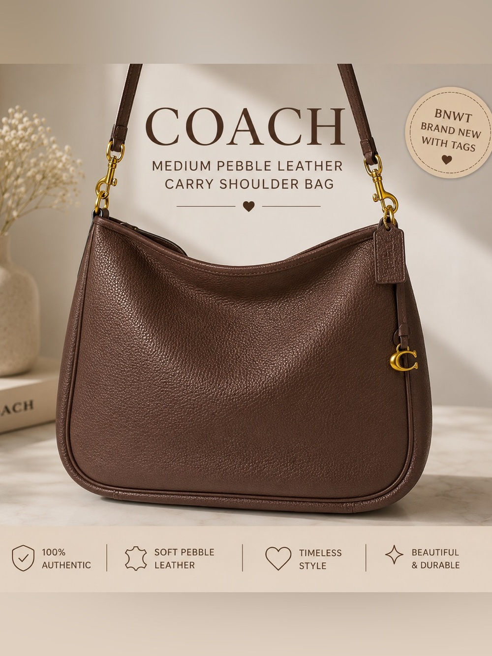 NWT Coach Medium Pebble Leather Carry Shoulder Bag – Brown w/ Gold Hardware